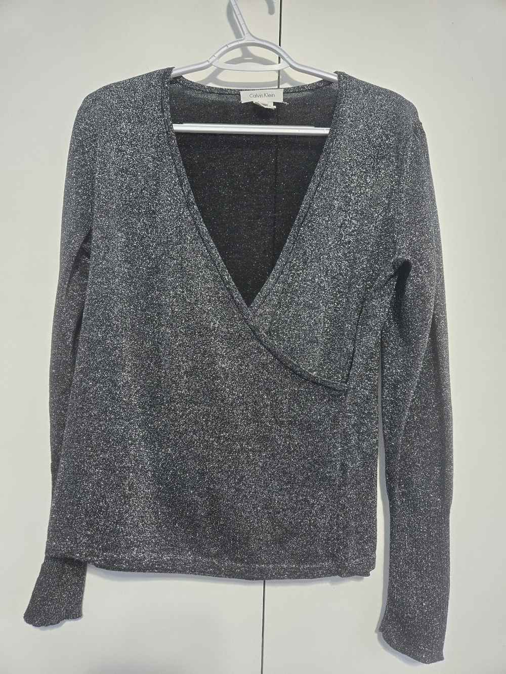 Calvin Klein Silver Metallic Shimmer Wrap Top Medium Party Knit